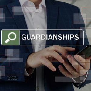 Person using a phone with 'Guardianships' search icon, symbolizing emergency guardianship