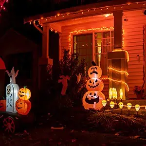 A house decorated with glowing Halloween pumpkins and lights, illustrating a potential Premises Liability injury case